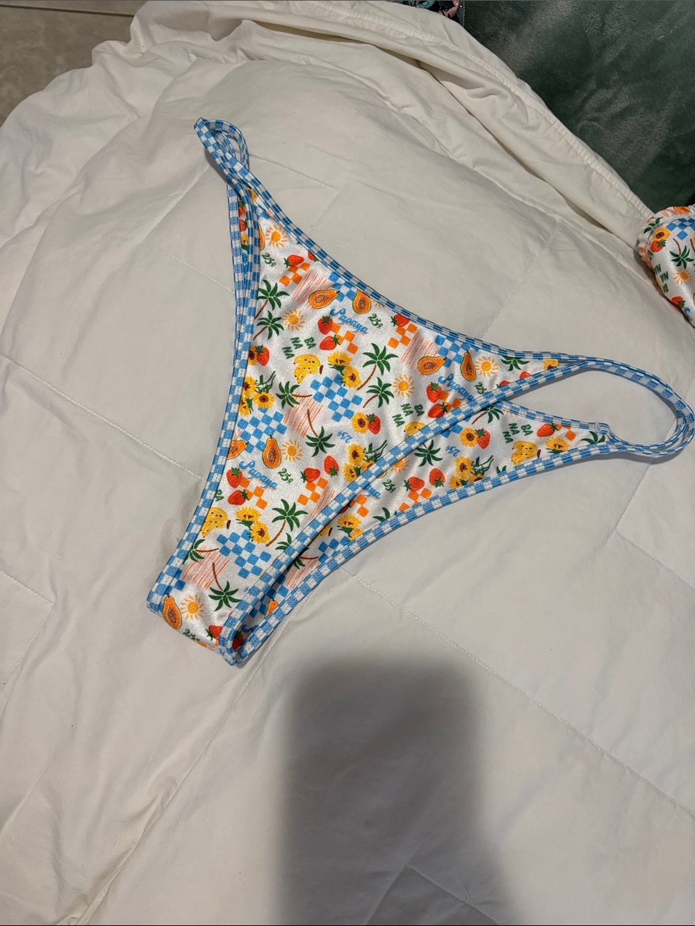Kulani Kinis White Bikini Bottom with Blue Trim and Colorful Fruit Print